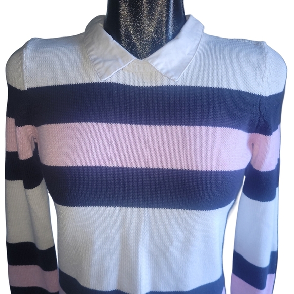 Tommy Hilfiger White, Blue and Pink Striped Collared Knit Sweater S - Picture 2 of 7